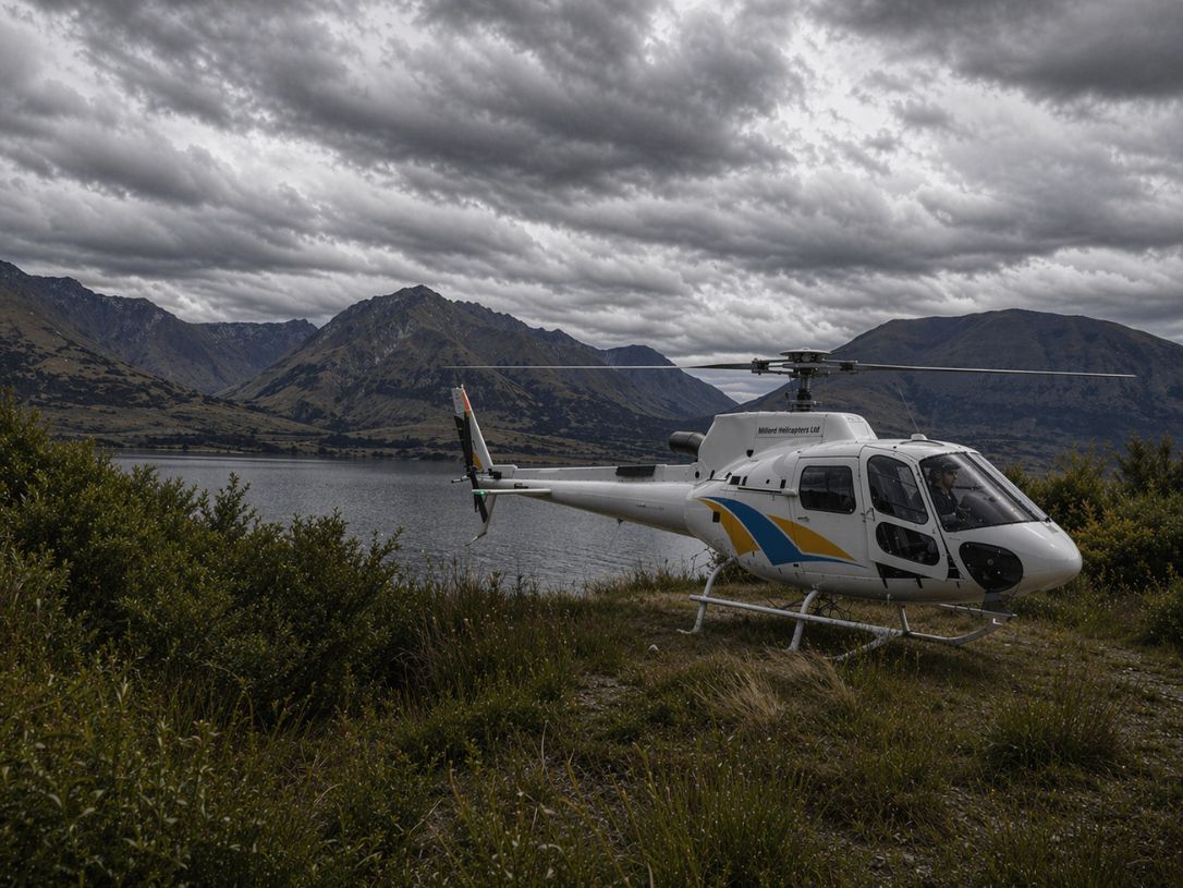 Milford Sound helicopter tour aircraft ready for takeoff with dramatic mountain landscape, booked through New Zealand Milford Sound Tours