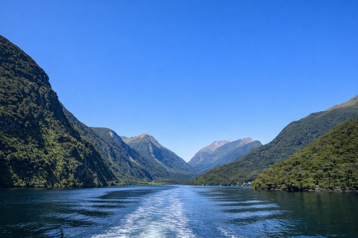 Scenic cruise view of Doubtful Sound in New Zealand with calm water and towering forested mountains, experienced during a guided tour with New Zealand Milford Sound Tours