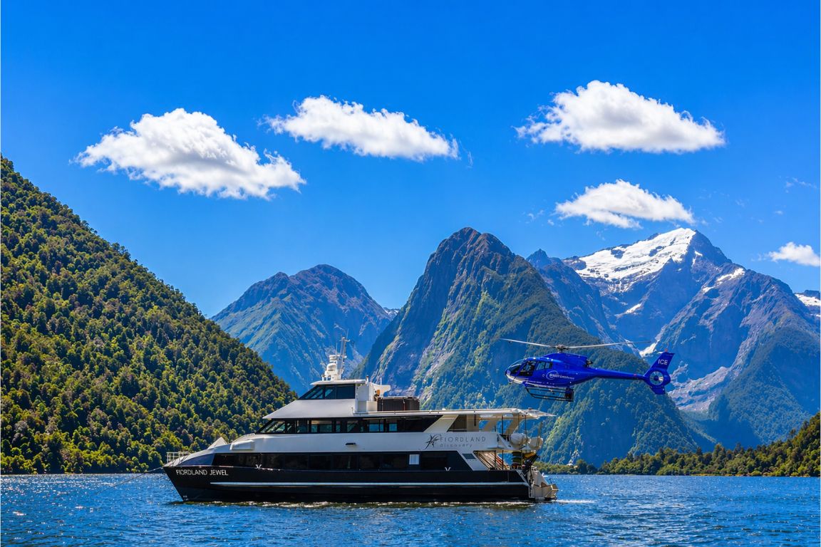 Fiordland Discovery Cruise yacht in Milford Sound with helicopter and alpine mountain backdrop, experienced during a luxury tour with New Zealand Milford Sound Tours