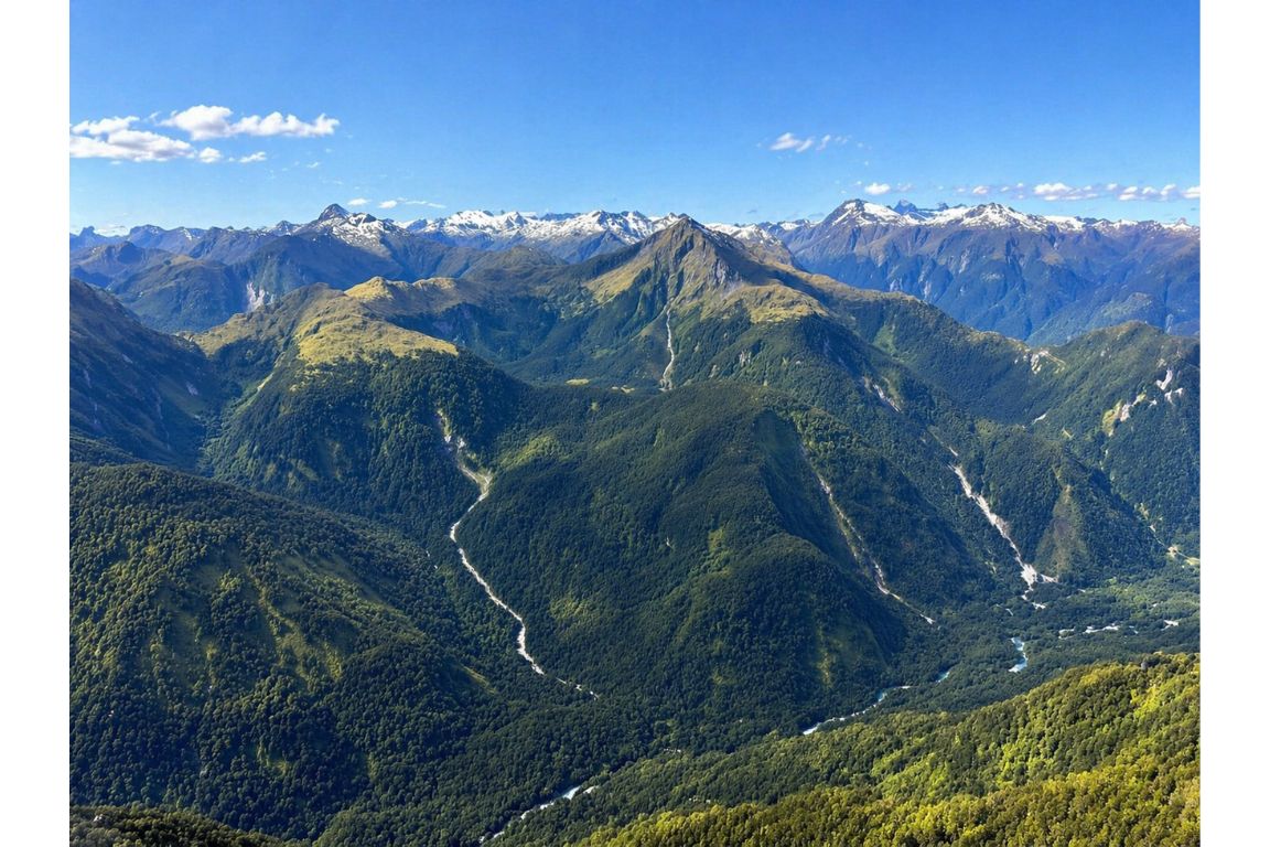 Fiordland National Park aerial landscape with towering mountains, native forest, and distant snowy peaks, captured during a tour with New Zealand Milford Sound Tours