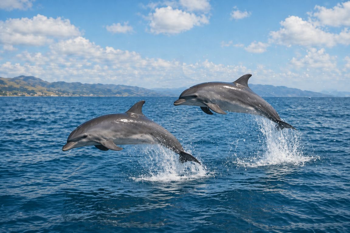 Two Fiordland bottlenose dolphins leaping beside the boat during a Milford Sound wildlife cruise with New Zealand Milford Sound Tours