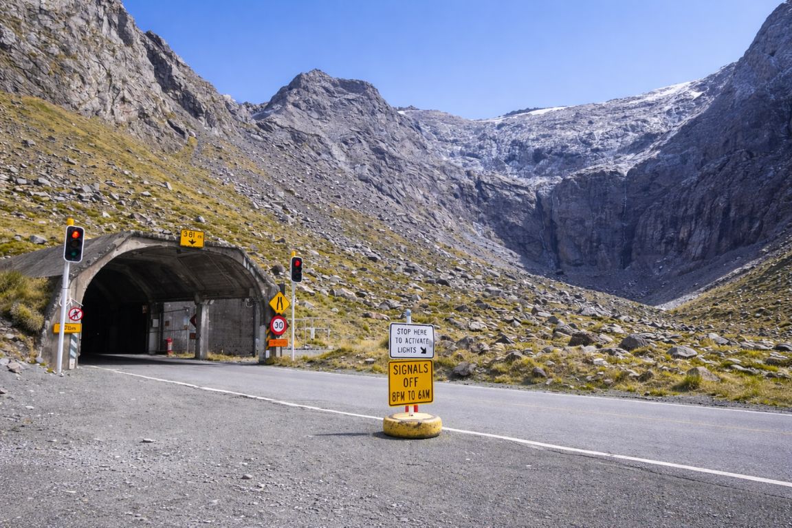 Homer Tunnel mountain pass on the Milford Road with steep granite peaks and clear blue skies, photographed during a tour with New Zealand Milford Sound Tours