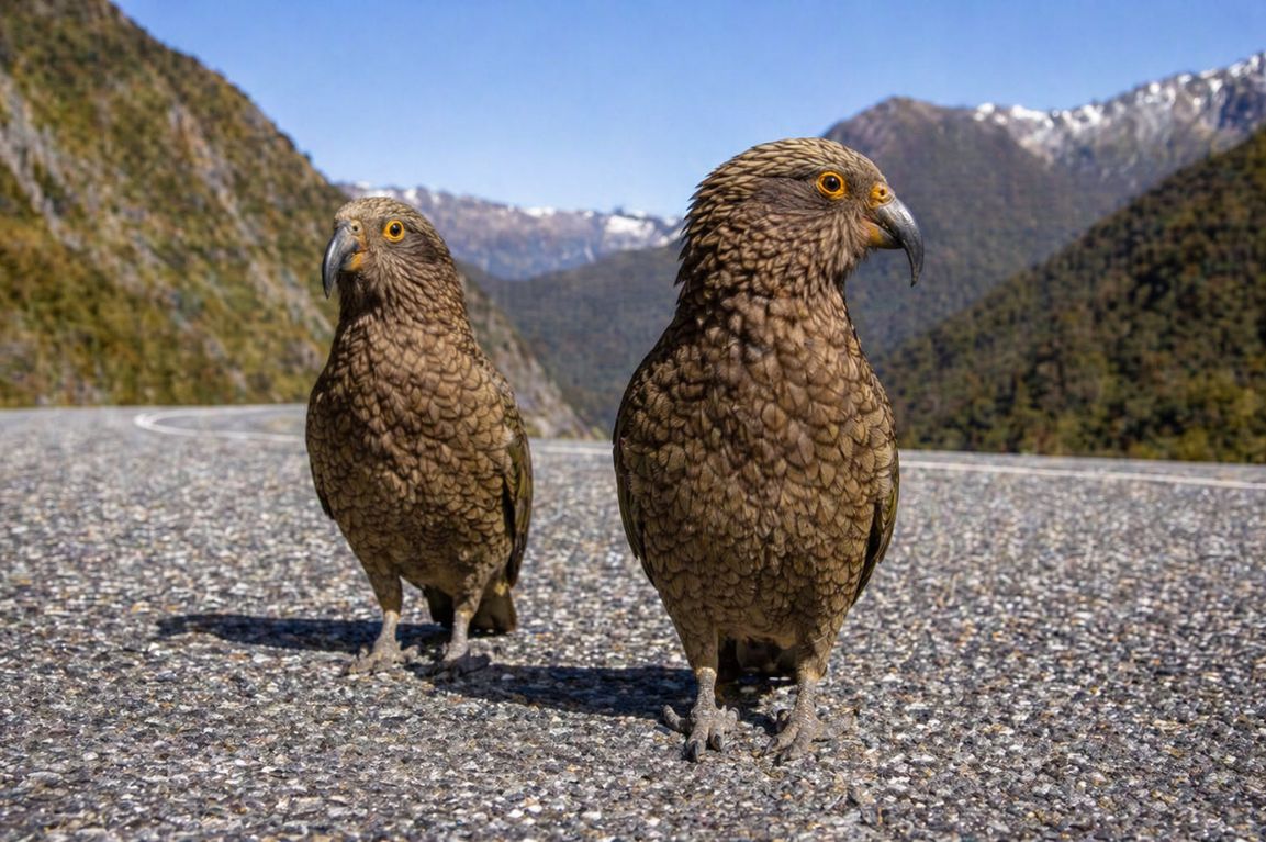 Two native kea parrots standing on the road surrounded by mountains during a Milford Sound experience with New Zealand Milford Sound Tours