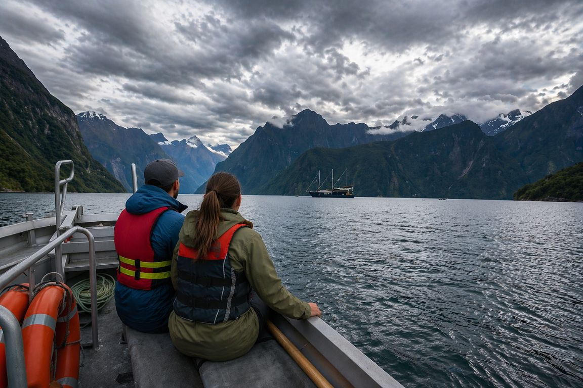 Guests wearing life jackets on a small boat during the Milford Mariner overnight cruise in Milford Sound, experienced with New Zealand Milford Sound Tours