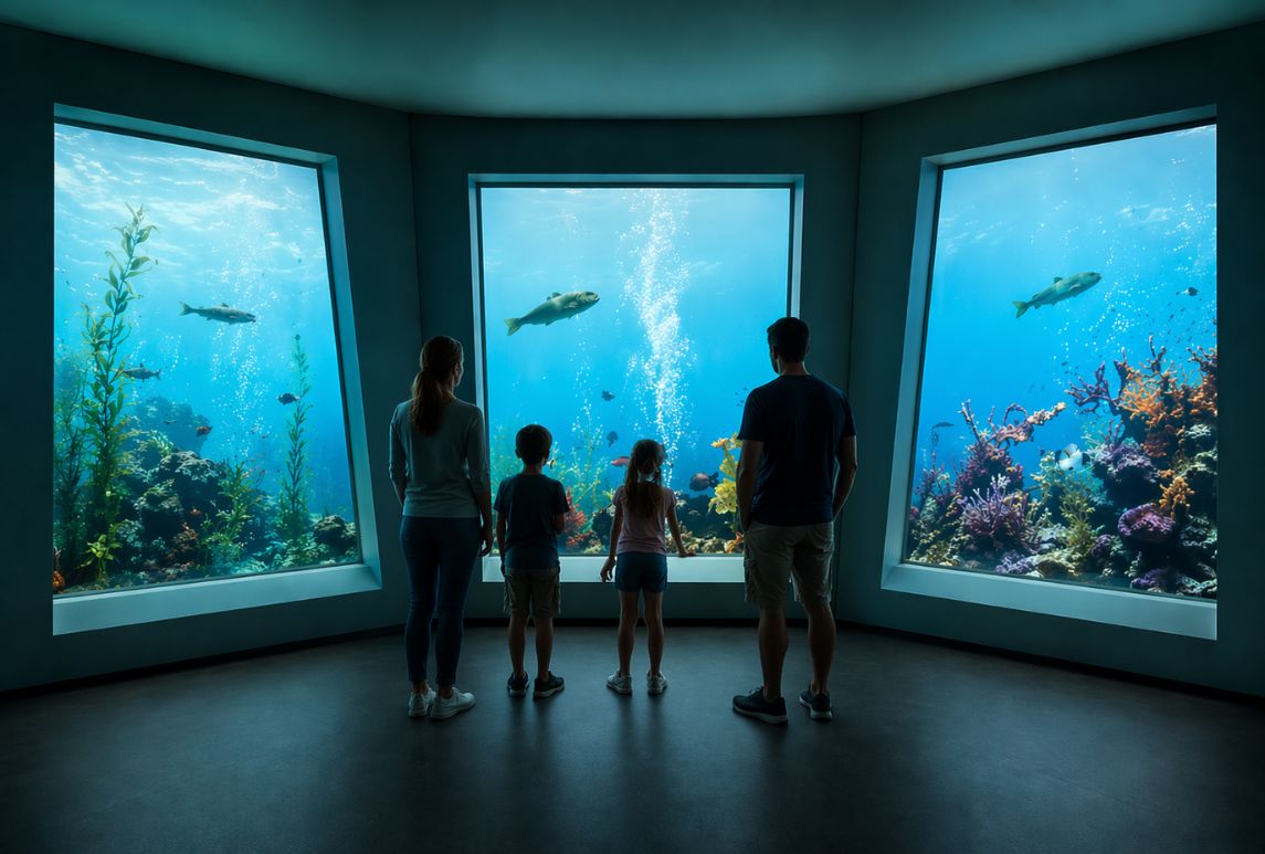 Visitors exploring Milford Sound Underwater Observatory with underwater viewing panels and colorful sea life, photographed during a journey with New Zealand Milford Sound Tours