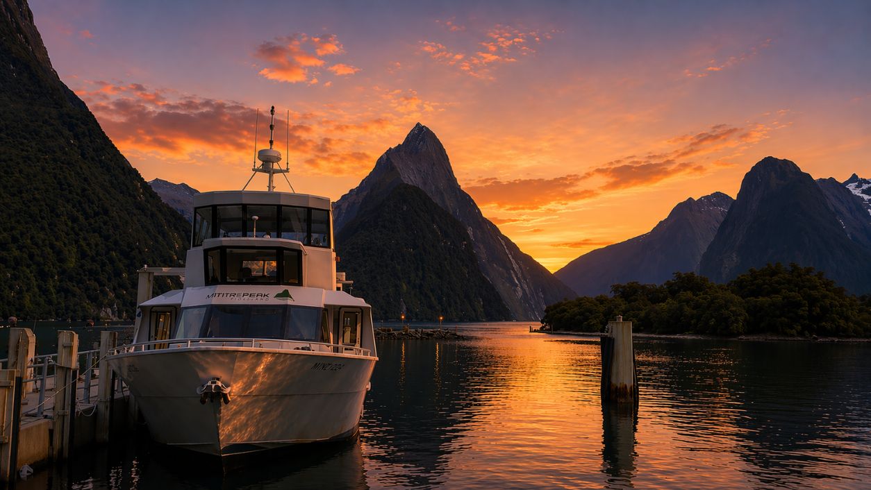 Beautiful Mitre Peak Cruises vessel in Milford Sound with dramatic sunset behind Mitre Peak, enjoyed during a guided trip with New Zealand Milford Sound Tours