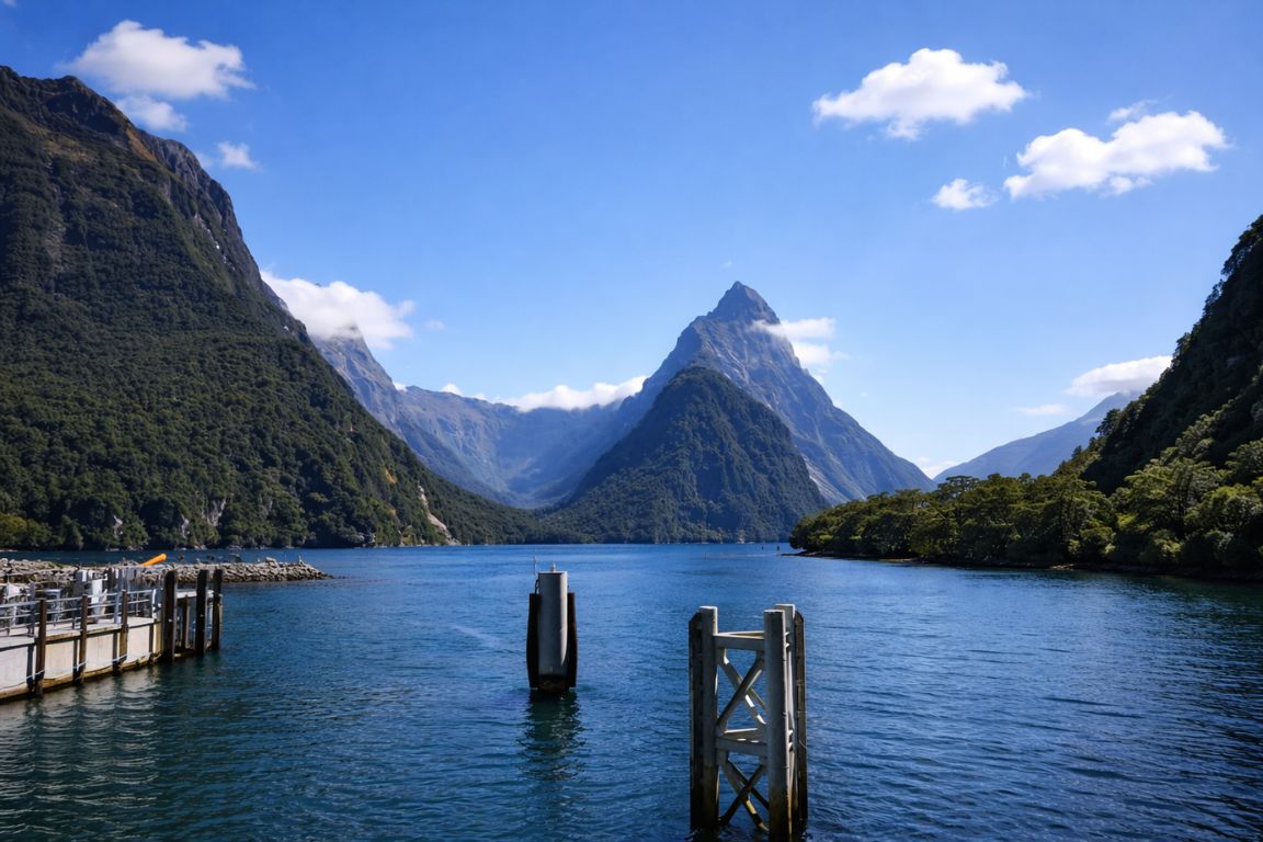 Beautiful Mitre Peak towering over Milford Sound with tranquil water and alpine scenery, explored during a guided tour with New Zealand Milford Sound Tours