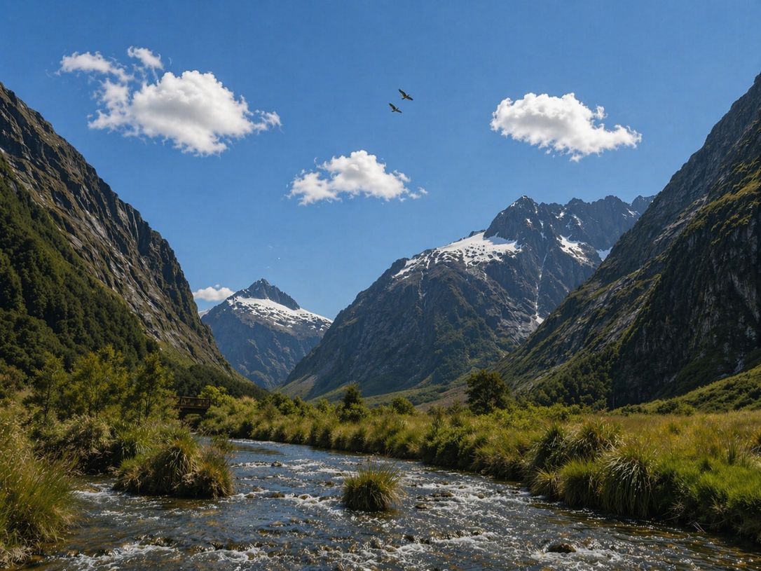 Beautiful Monkey Creek landscape with snow-dusted mountains, blue sky, and flowing stream during a guided experience with New Zealand Milford Sound Tours