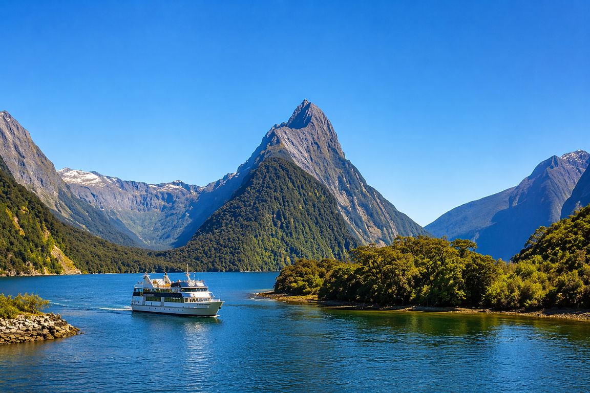 RealNZ cruise boat sailing through Milford Sound with Mitre Peak and dramatic mountain scenery, experienced during a tour with New Zealand Milford Sound Tours