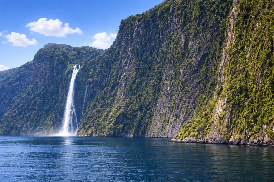 Stirling Falls cascading down steep cliffs into Milford Sound, viewed during a scenic cruise with New Zealand Milford Sound Tours