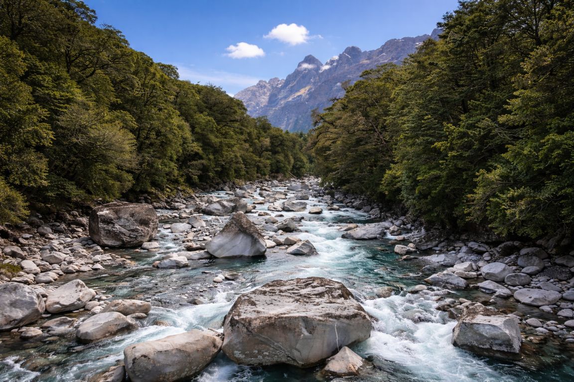 The Chasm Walk attraction on the Milford Road with fast-flowing river and lush native forest, explored during a journey with New Zealand Milford Sound Tours